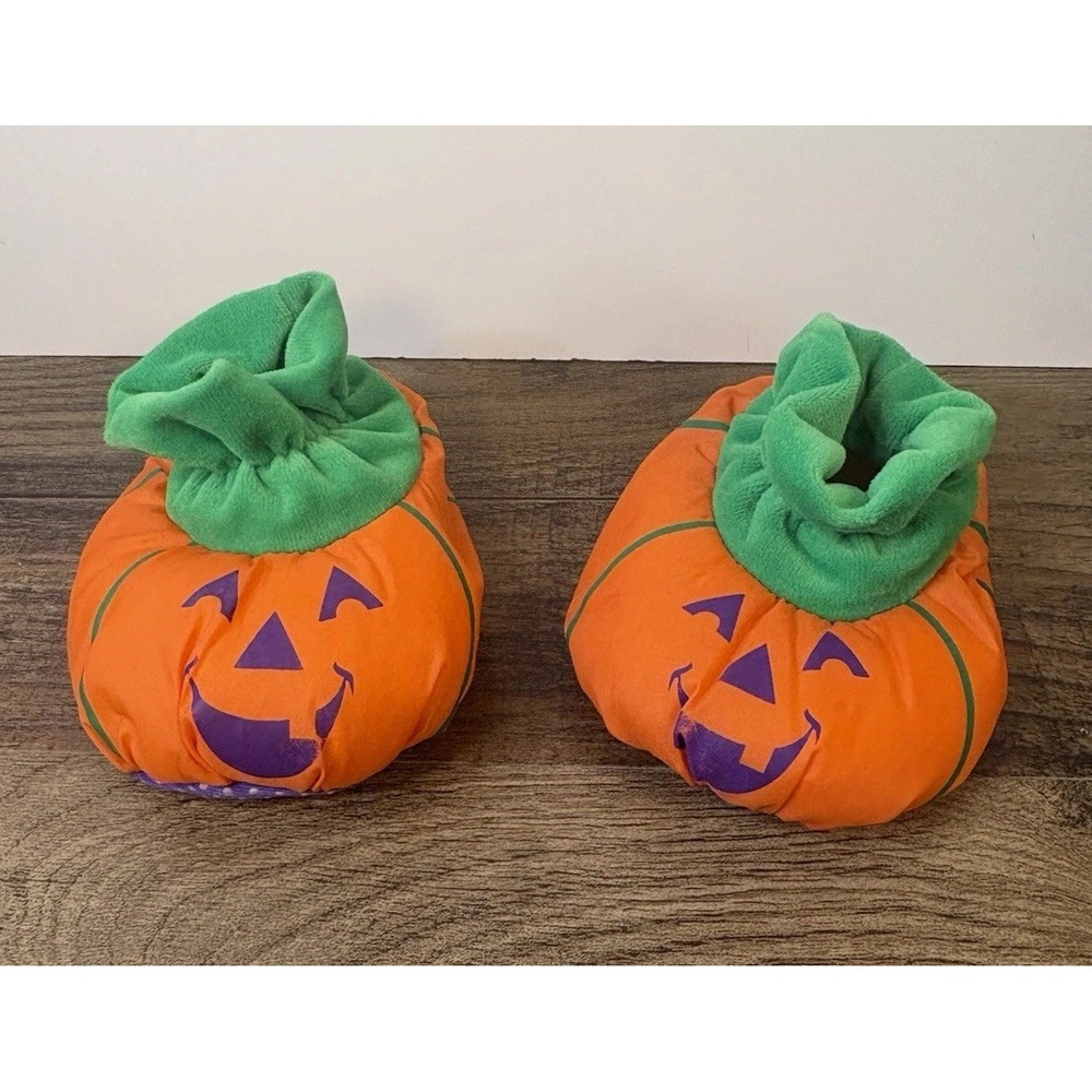 Vintage Halloween Pumpkin Toddler Bootie Slippers Avon 1995 Jack-O-Lantern